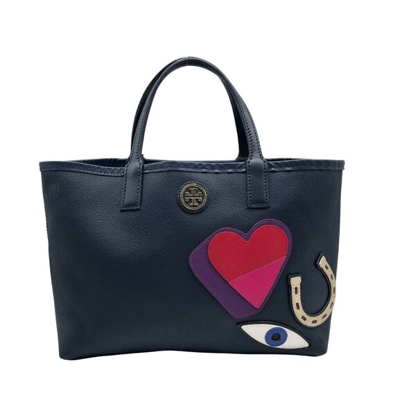 Tory Burch Navy Leather Kerrington I Love You Crossbody Tote